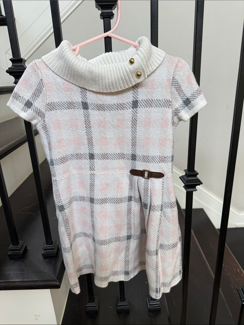 Janie and Jack Cream, Pink & Gray Plaid Knit Dress with Collar